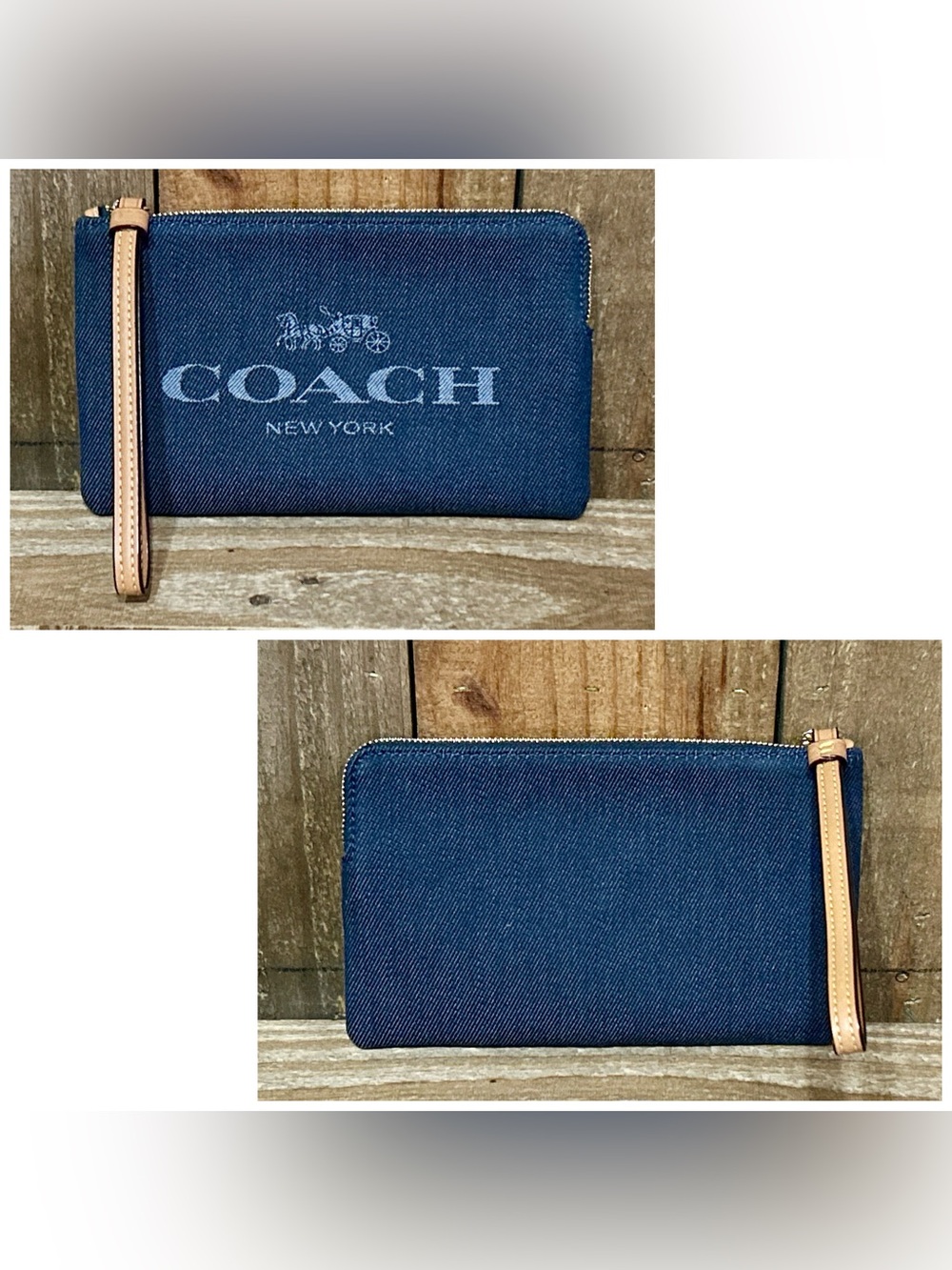 Coach Denim and Leather Large Signature Corner Zip Wristlet. - Picture 5 of 14